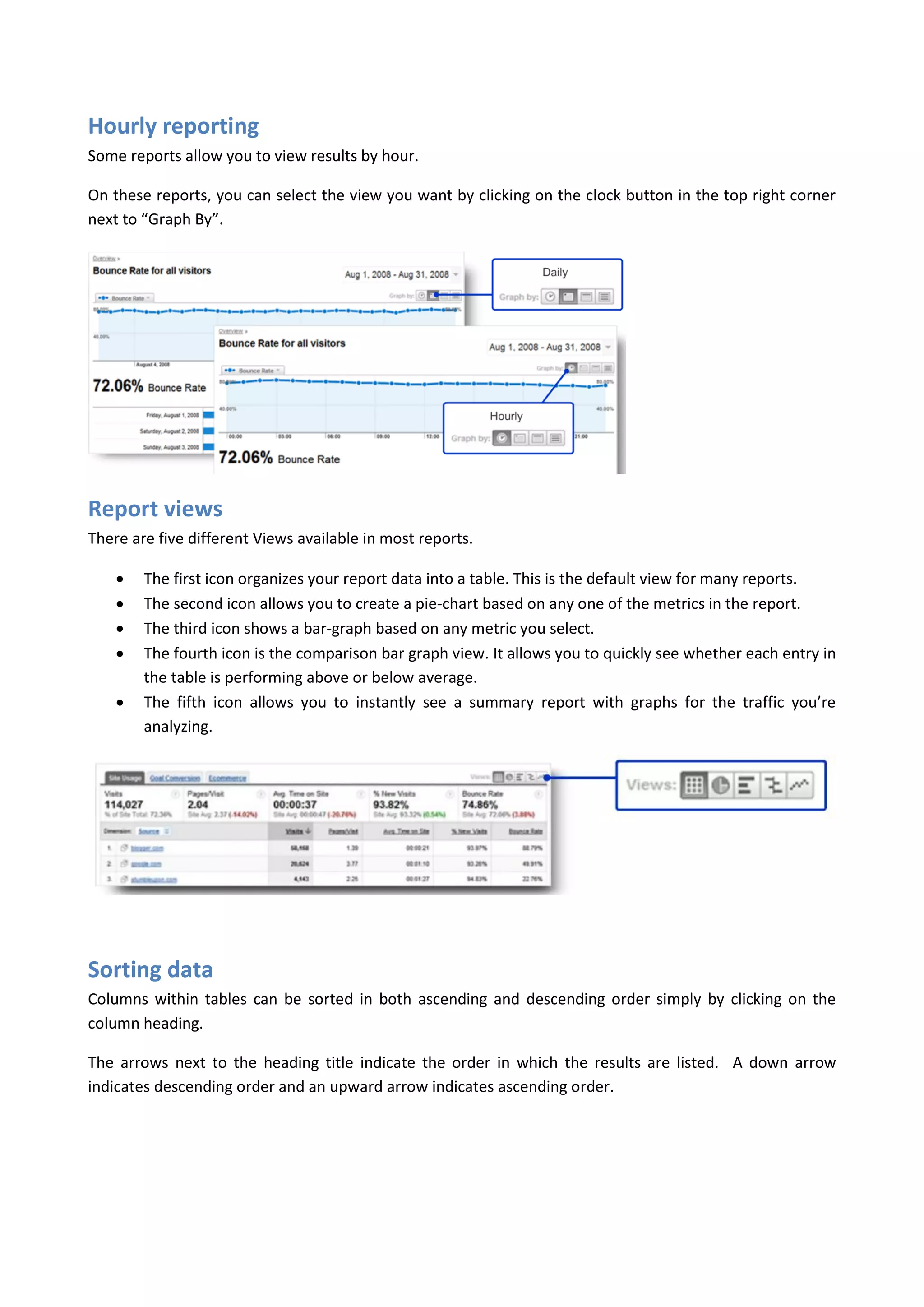 Hourly reporting
Some reports allow you to view results by hour.

On these reports, you can select the view you want by clicking on the clock button in the top right corner
next to “Graph By”.




Report views
There are five different Views available in most reports.

       The first icon organizes your report data into a table. This is the default view for many reports.
       The second icon allows you to create a pie-chart based on any one of the metrics in the report.
       The third icon shows a bar-graph based on any metric you select.
       The fourth icon is the comparison bar graph view. It allows you to quickly see whether each entry in
        the table is performing above or below average.
       The fifth icon allows you to instantly see a summary report with graphs for the traffic you’re
        analyzing.




Sorting data
Columns within tables can be sorted in both ascending and descending order simply by clicking on the
column heading.

The arrows next to the heading title indicate the order in which the results are listed. A down arrow
indicates descending order and an upward arrow indicates ascending order.
 