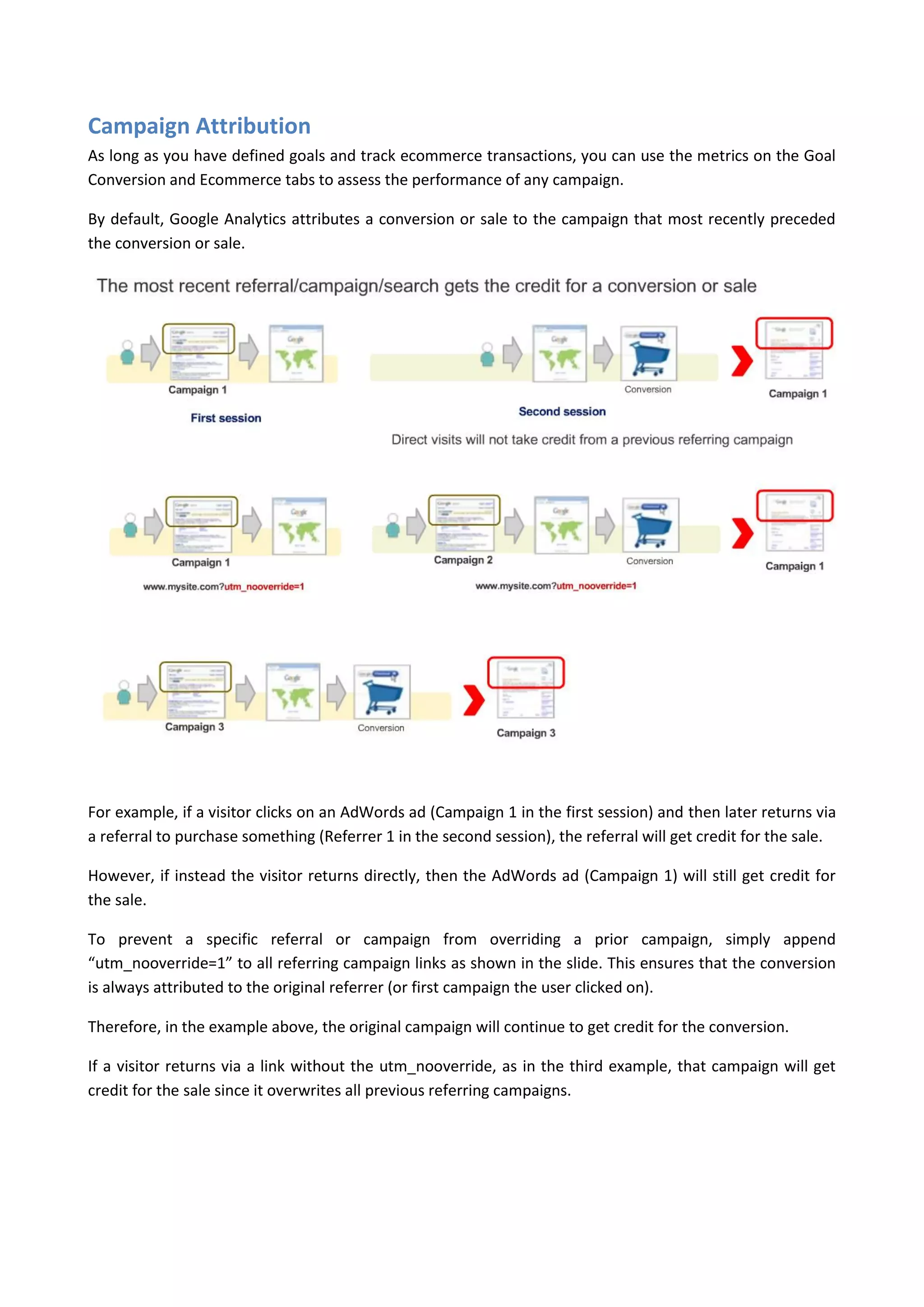 Campaign Attribution
As long as you have defined goals and track ecommerce transactions, you can use the metrics on the Goal
Conversion and Ecommerce tabs to assess the performance of any campaign.

By default, Google Analytics attributes a conversion or sale to the campaign that most recently preceded
the conversion or sale.




For example, if a visitor clicks on an AdWords ad (Campaign 1 in the first session) and then later returns via
a referral to purchase something (Referrer 1 in the second session), the referral will get credit for the sale.

However, if instead the visitor returns directly, then the AdWords ad (Campaign 1) will still get credit for
the sale.

To prevent a specific referral or campaign from overriding a prior campaign, simply append
“utm_nooverride=1” to all referring campaign links as shown in the slide. This ensures that the conversion
is always attributed to the original referrer (or first campaign the user clicked on).

Therefore, in the example above, the original campaign will continue to get credit for the conversion.

If a visitor returns via a link without the utm_nooverride, as in the third example, that campaign will get
credit for the sale since it overwrites all previous referring campaigns.
 