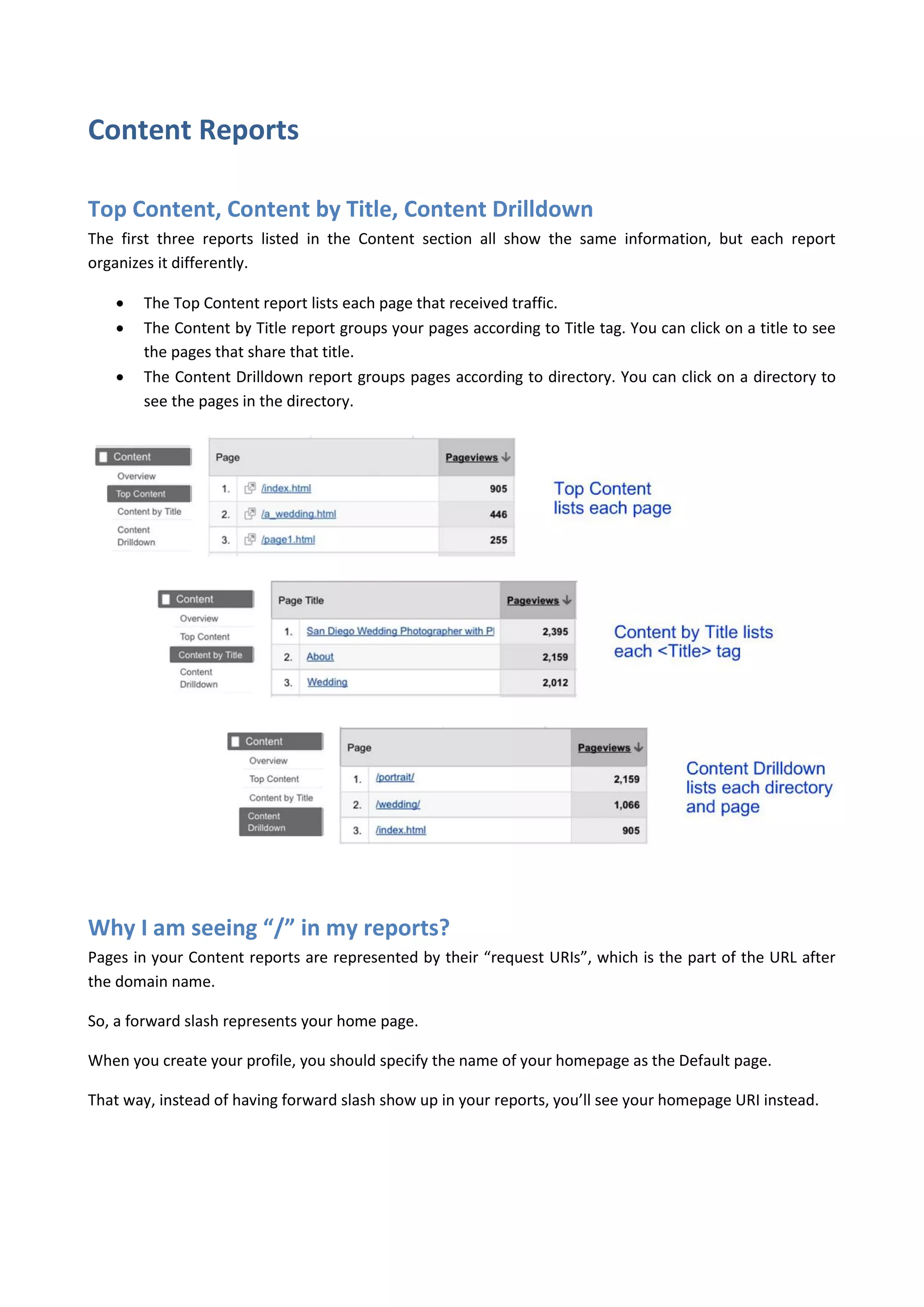 Content Reports

Top Content, Content by Title, Content Drilldown
The first three reports listed in the Content section all show the same information, but each report
organizes it differently.

      The Top Content report lists each page that received traffic.
      The Content by Title report groups your pages according to Title tag. You can click on a title to see
       the pages that share that title.
      The Content Drilldown report groups pages according to directory. You can click on a directory to
       see the pages in the directory.




Why I am seeing “/” in my reports?
Pages in your Content reports are represented by their “request URIs”, which is the part of the URL after
the domain name.

So, a forward slash represents your home page.

When you create your profile, you should specify the name of your homepage as the Default page.

That way, instead of having forward slash show up in your reports, you’ll see your homepage URI instead.
 
