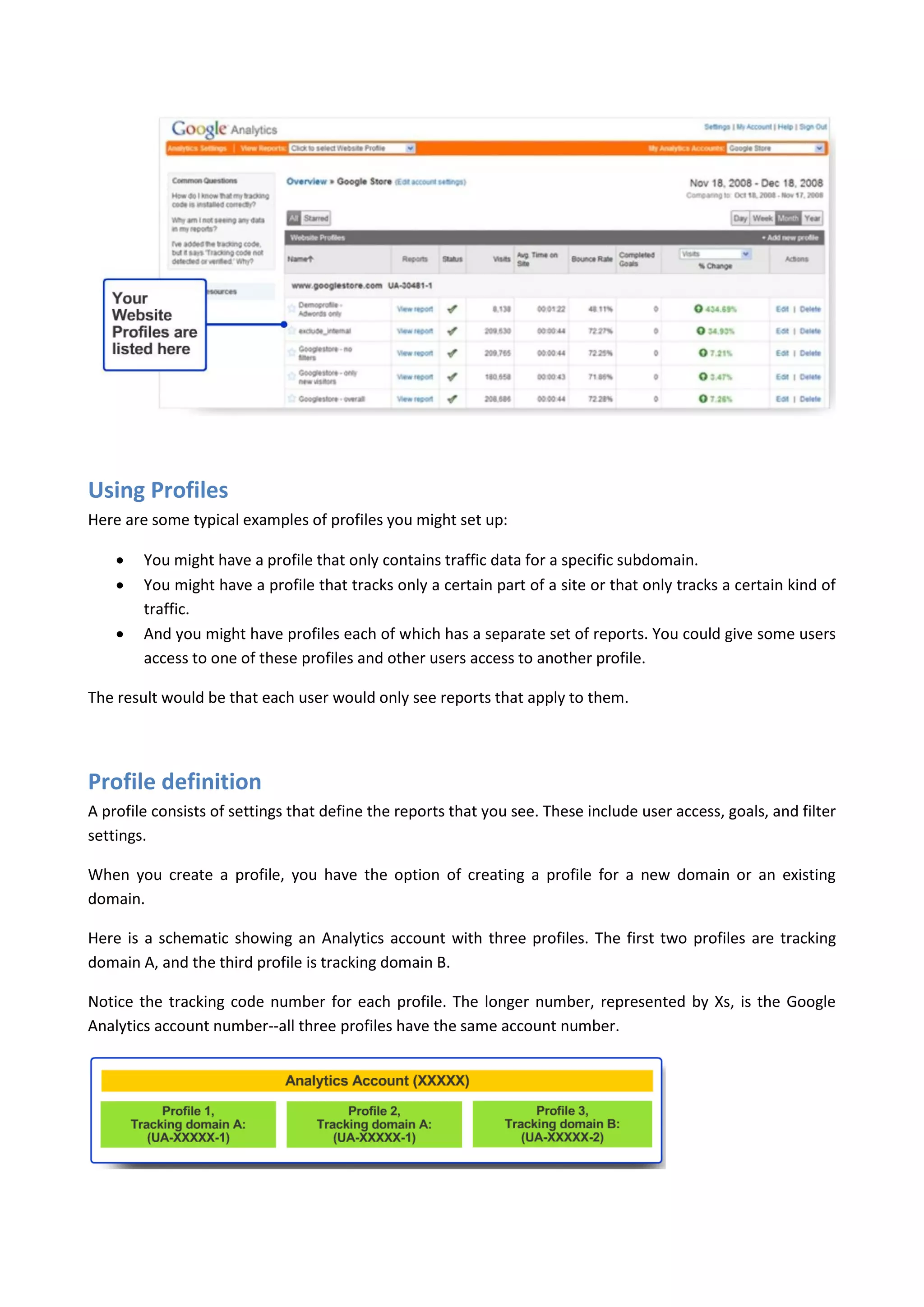 Using Profiles
Here are some typical examples of profiles you might set up:

       You might have a profile that only contains traffic data for a specific subdomain.
       You might have a profile that tracks only a certain part of a site or that only tracks a certain kind of
        traffic.
       And you might have profiles each of which has a separate set of reports. You could give some users
        access to one of these profiles and other users access to another profile.

The result would be that each user would only see reports that apply to them.




Profile definition
A profile consists of settings that define the reports that you see. These include user access, goals, and filter
settings.

When you create a profile, you have the option of creating a profile for a new domain or an existing
domain.

Here is a schematic showing an Analytics account with three profiles. The first two profiles are tracking
domain A, and the third profile is tracking domain B.

Notice the tracking code number for each profile. The longer number, represented by Xs, is the Google
Analytics account number--all three profiles have the same account number.
 