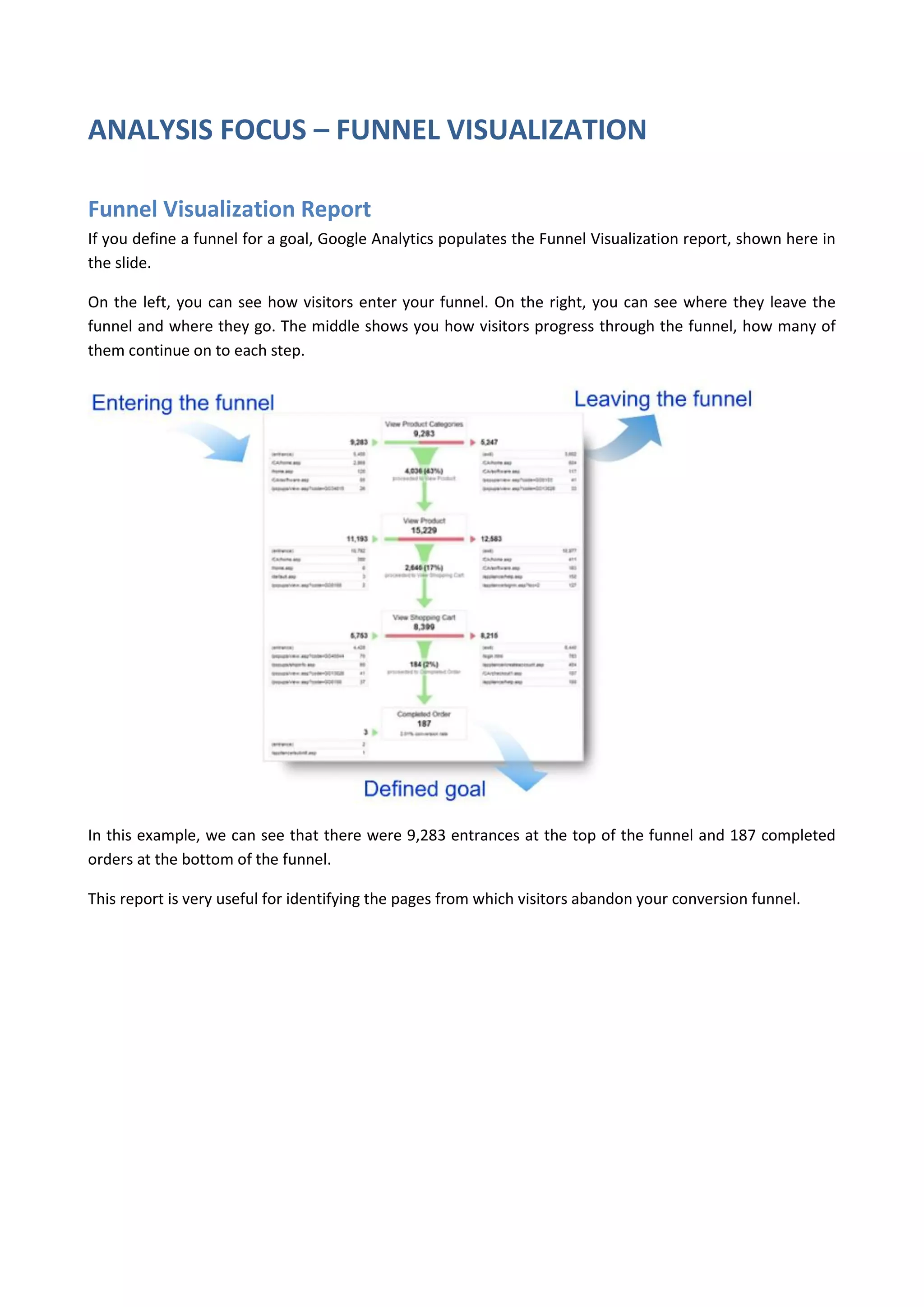 ANALYSIS FOCUS – FUNNEL VISUALIZATION

Funnel Visualization Report
If you define a funnel for a goal, Google Analytics populates the Funnel Visualization report, shown here in
the slide.

On the left, you can see how visitors enter your funnel. On the right, you can see where they leave the
funnel and where they go. The middle shows you how visitors progress through the funnel, how many of
them continue on to each step.




In this example, we can see that there were 9,283 entrances at the top of the funnel and 187 completed
orders at the bottom of the funnel.

This report is very useful for identifying the pages from which visitors abandon your conversion funnel.
 