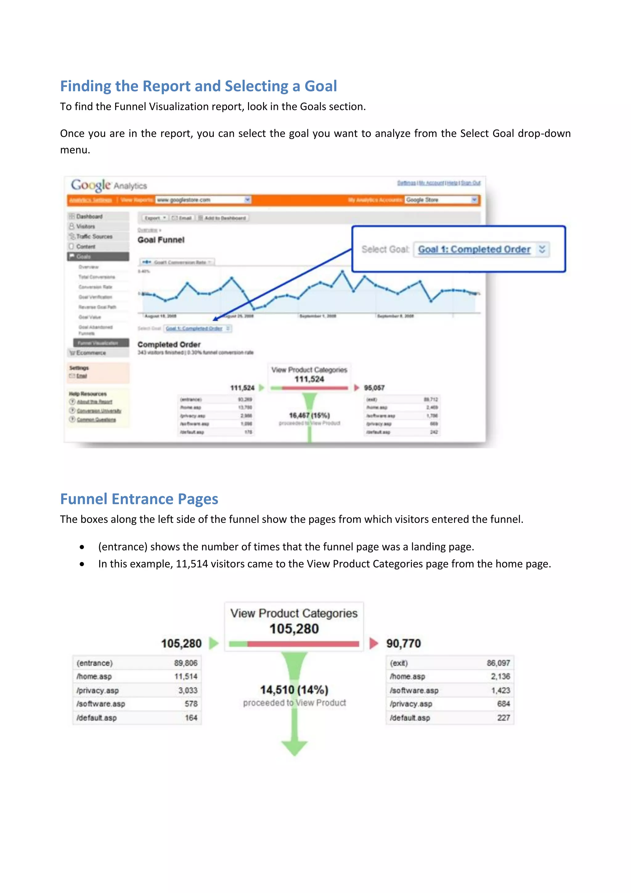 Finding the Report and Selecting a Goal
To find the Funnel Visualization report, look in the Goals section.

Once you are in the report, you can select the goal you want to analyze from the Select Goal drop-down
menu.




Funnel Entrance Pages
The boxes along the left side of the funnel show the pages from which visitors entered the funnel.

       (entrance) shows the number of times that the funnel page was a landing page.
       In this example, 11,514 visitors came to the View Product Categories page from the home page.
 
