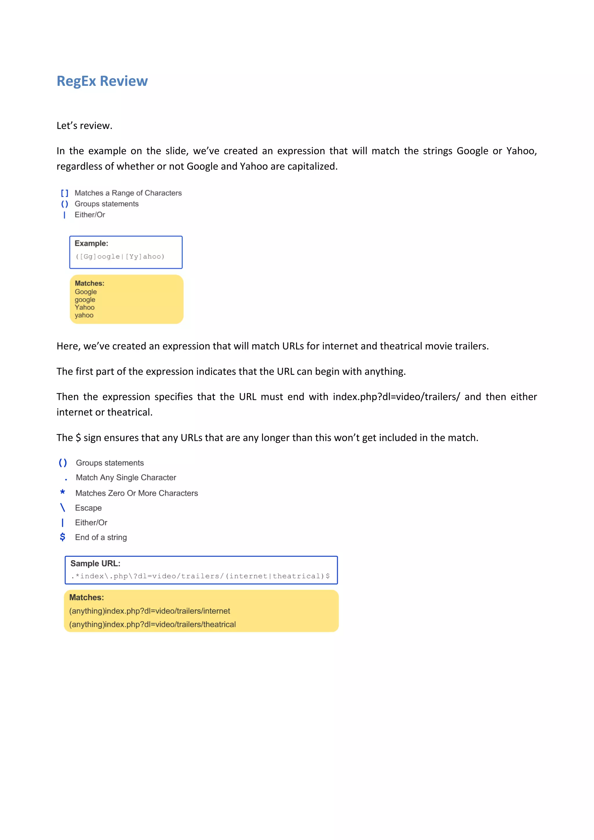 RegEx Review

Let’s review.

In the example on the slide, we’ve created an expression that will match the strings Google or Yahoo,
regardless of whether or not Google and Yahoo are capitalized.




Here, we’ve created an expression that will match URLs for internet and theatrical movie trailers.

The first part of the expression indicates that the URL can begin with anything.

Then the expression specifies that the URL must end with index.php?dl=video/trailers/ and then either
internet or theatrical.

The $ sign ensures that any URLs that are any longer than this won’t get included in the match.
 
