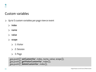 Google Analytics and UX, #uxce13 @katrinmathis
_gaq.push([‘_setCustomVar‘, index, name, value, scope]);
_gaq.push([‘_getVisitorCustomVar‘, index]);
_gaq.push([‘_deleteCustomVar‘, index]);
Custom variables
Up to 5 custom variables per page view or event
index
name
value
scope
1: Visitor
2: Session
3: Page
 