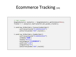 Ecommerce Tracking (V4)
// Get tracker.
GoogleAnalytics analytics = GoogleAnalytics.getInstance(this);
Tracker t = analytics.newTracker(R.xml.global_tracker);
t.send(new HitBuilders.TransactionBuilder()
.setTransactionId(“O-1405932155237”)
.setCurrencyCode("USD").build());
t.send(new HitBuilders.ItemBuilder()
.setTransactionId(“O-1405932155237”)
.setName(“貼圖”)
.setSku(“W-S-1”)
.setCategory(“中元普渡系列”)
.setPrice(“1.99”)
.setQuantity(“1”)
.setCurrencyCode("USD").build()
 
