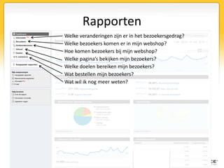 RapportenWelke veranderingen zijn er in het bezoekersgedrag?Welke bezoekers komen er in mijn webshop?Hoe komen bezoekers bij mijn webshop?Welke pagina’s bekijken mijn bezoekers?Welke doelen bereiken mijn bezoekers?Wat bestellen mijn bezoekers?Wat wil ik nog meer weten?