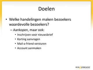 Wat wil je weten?Wat zoeken je bezoekers?Wat kopen je bezoekers?Waarom kopen je bezoekers niet?Hoe haal je meeruit je bezoekers?