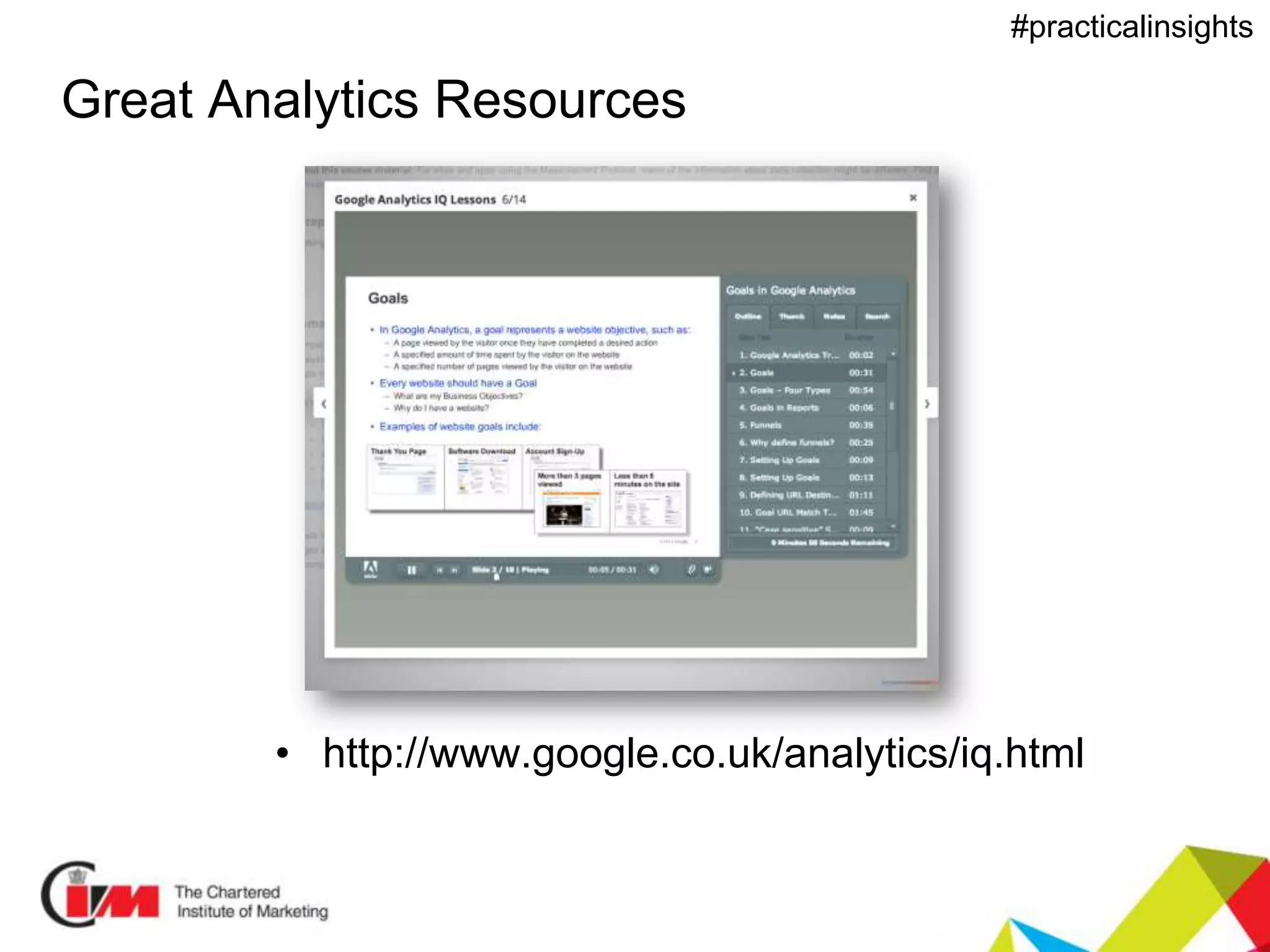 Presentation title
#practicalinsights
Great Analytics Resources
• http://www.google.co.uk/analytics/iq.html
 