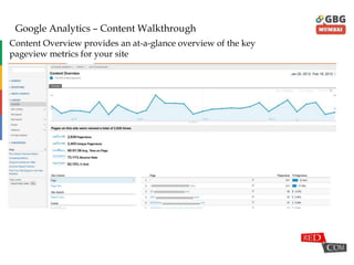 Google Analytics – Content Walkthrough
Content Overview provides an at-a-glance overview of the key
pageview metrics for your site
 