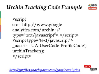 Urchin Tracking Code Example
<script
src="http://www.google-
analytics.com/urchin.js"
type="text/javascript"> </script>
<script type="text/javascript">
_uacct = "UA-UserCode-ProfileCode";
urchinTracker();
</script>
http://gpxfiles.googlepages.com/googleanalytics
 