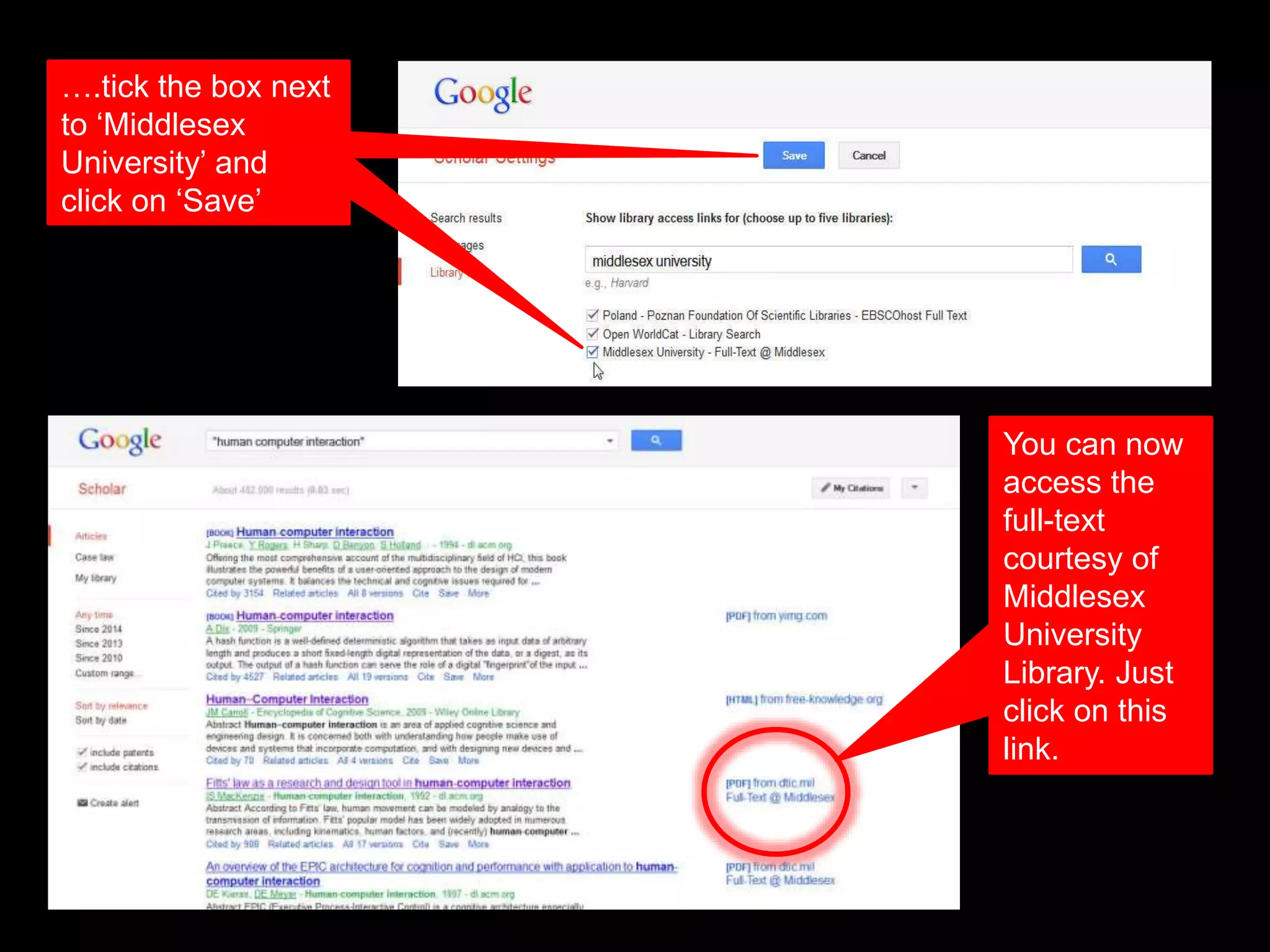 and click in
‘Save’
….tick the box next
to ‘Middlesex
University’ and
click on ‘Save’
You can now
access the
full-text
courtesy of
Middlesex
University
Library. Just
click on this
link.
 