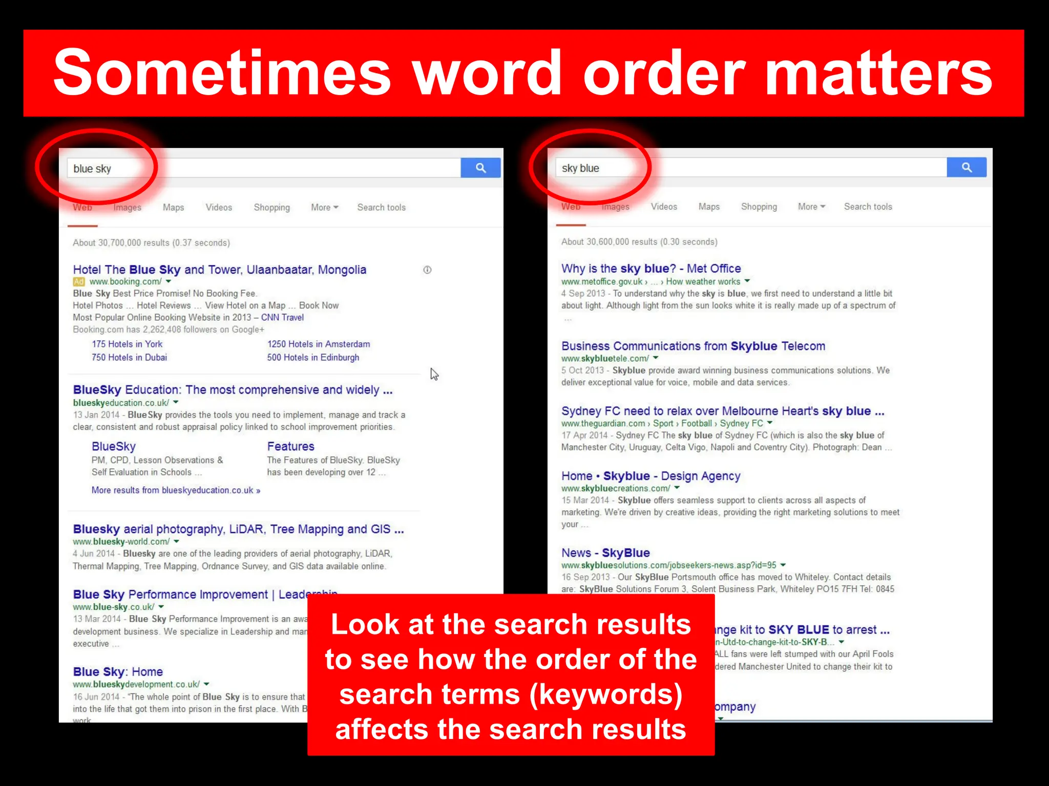 Sometimes word order matters
Look at the search results
to see how the order of the
search terms (keywords)
affects the search results
 