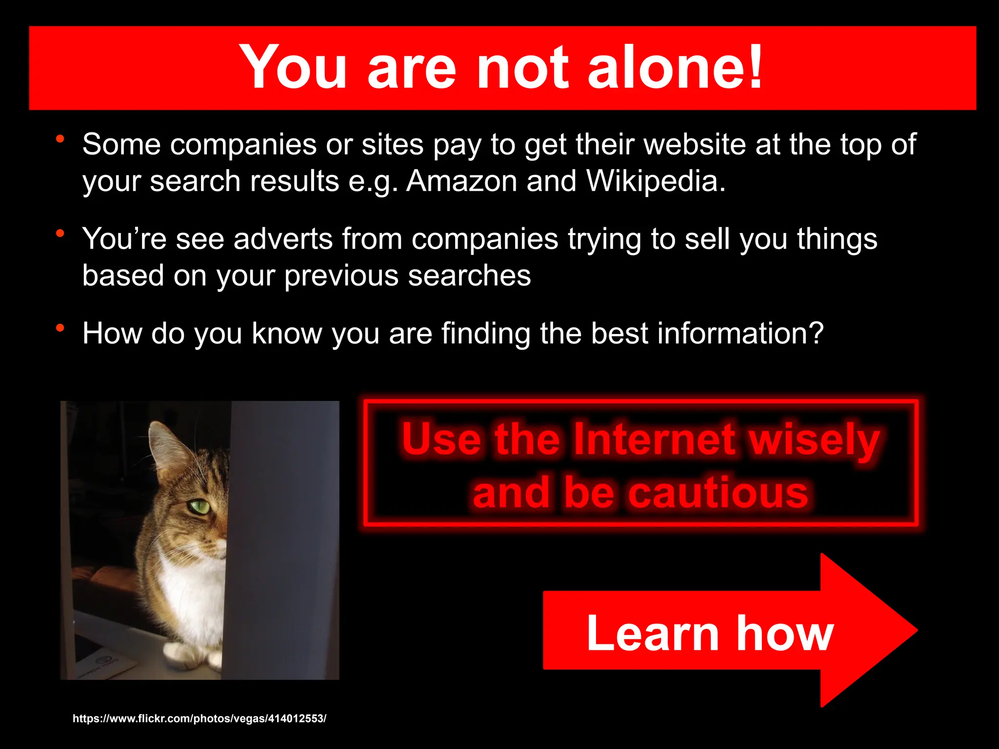 You are not alone!
• Some companies or sites pay to get their website at the top of
your search results e.g. Amazon and Wikipedia.
• You’re see adverts from companies trying to sell you things
based on your previous searches
• How do you know you are finding the best information?
Learn how
Use the Internet wisely
and be cautious
https://www.flickr.com/photos/vegas/414012553/
 