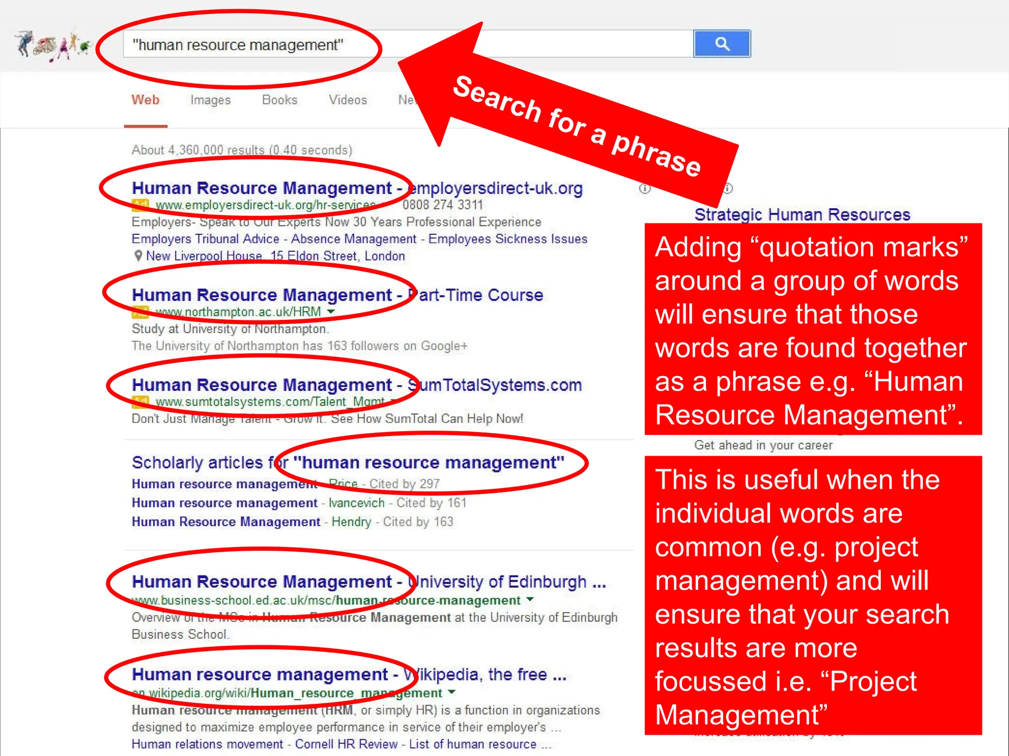 Search for a phrase
Adding “quotation marks”
around a group of words
will ensure that those
words are found together
as a phrase e.g. “Human
Resource Management”.
This is useful when the
individual words are
common (e.g. project
management) and will
ensure that your search
results are more
focussed i.e. “Project
Management”
 