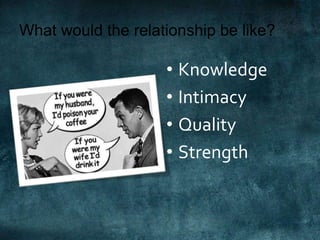 What would the relationship be like? 
• Knowledge 
• Intimacy 
• Quality 
• Strength 
 