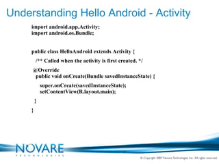 Understanding Hello Android - Activity import android.app.Activity; import android.os.Bundle; public class HelloAndroid extends Activity { /** Called when the activity is first created. */ @Override public void onCreate(Bundle savedInstanceState) { super.onCreate(savedInstanceState); setContentView(R.layout.main); } } 