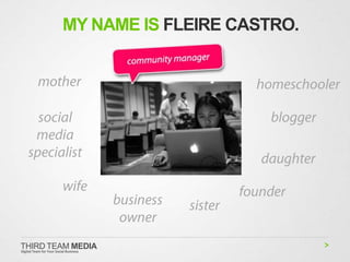 MY NAME IS FLEIRE CASTRO.




THIRD TEAM MEDIA
Digital Team for Your Social Business
 
