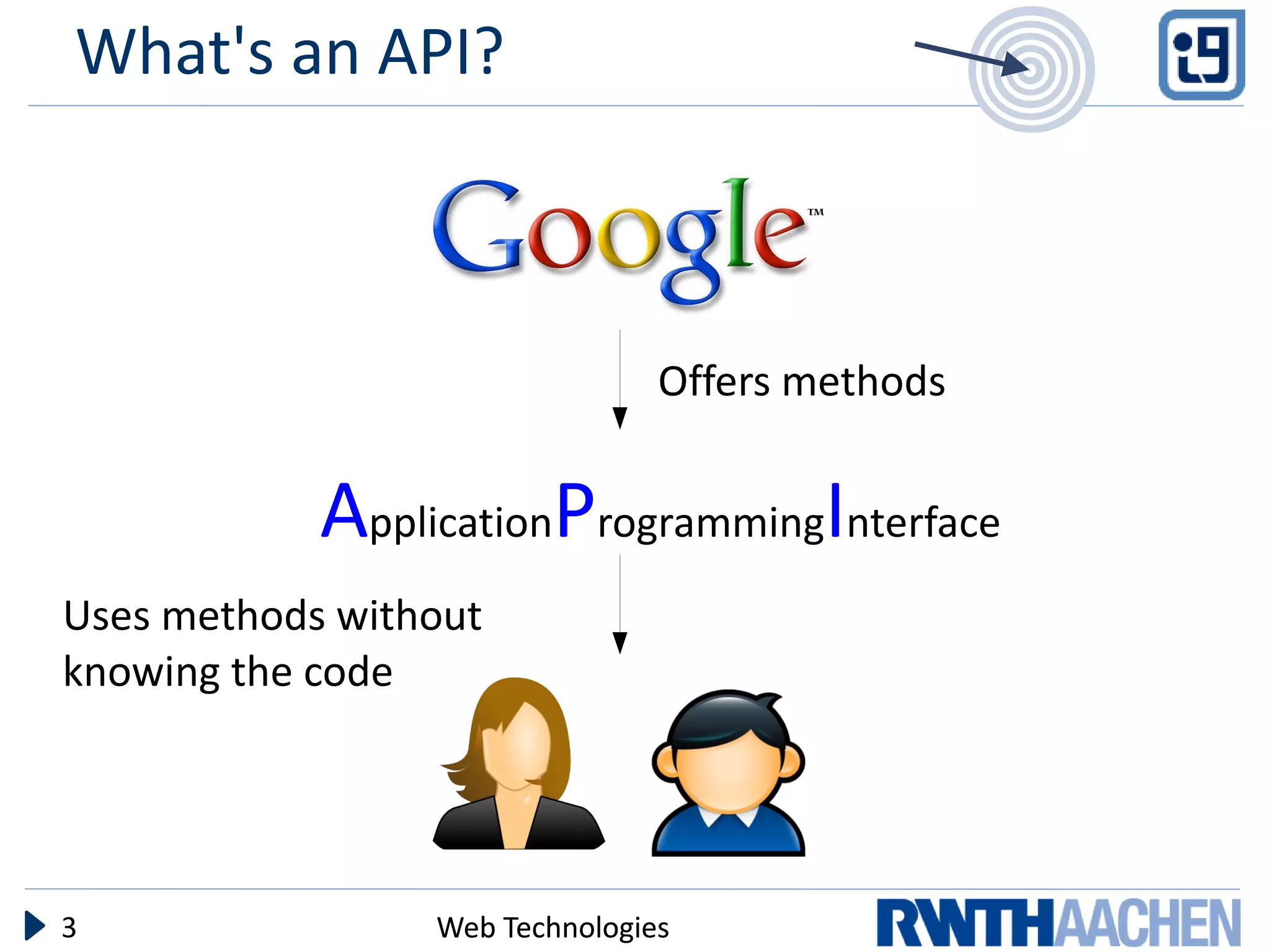 What's an API?



                                Offers methods


            ApplicationProgrammingInterface
Uses methods without
knowing the code




3                Web Technologies
 