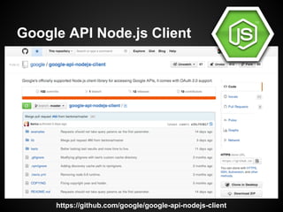 Google API Node.js Client
https://github.com/google/google-api-nodejs-client
 