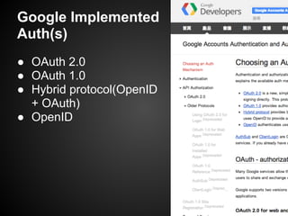 ● OAuth 2.0
● OAuth 1.0
● Hybrid protocol(OpenID
+ OAuth)
● OpenID
Google Implemented
Auth(s)
 