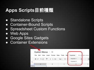 Apps Scripts目前種類
● Standalone Scripts
● Container-Bound Scripts
● Spreadsheet Custom Functions
● Web Apps
● Google Sites Gadgets
● Container Extensions
 