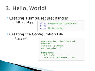 Creating a simple request handler Helloworld.py Creating the Configuration File App.yaml 