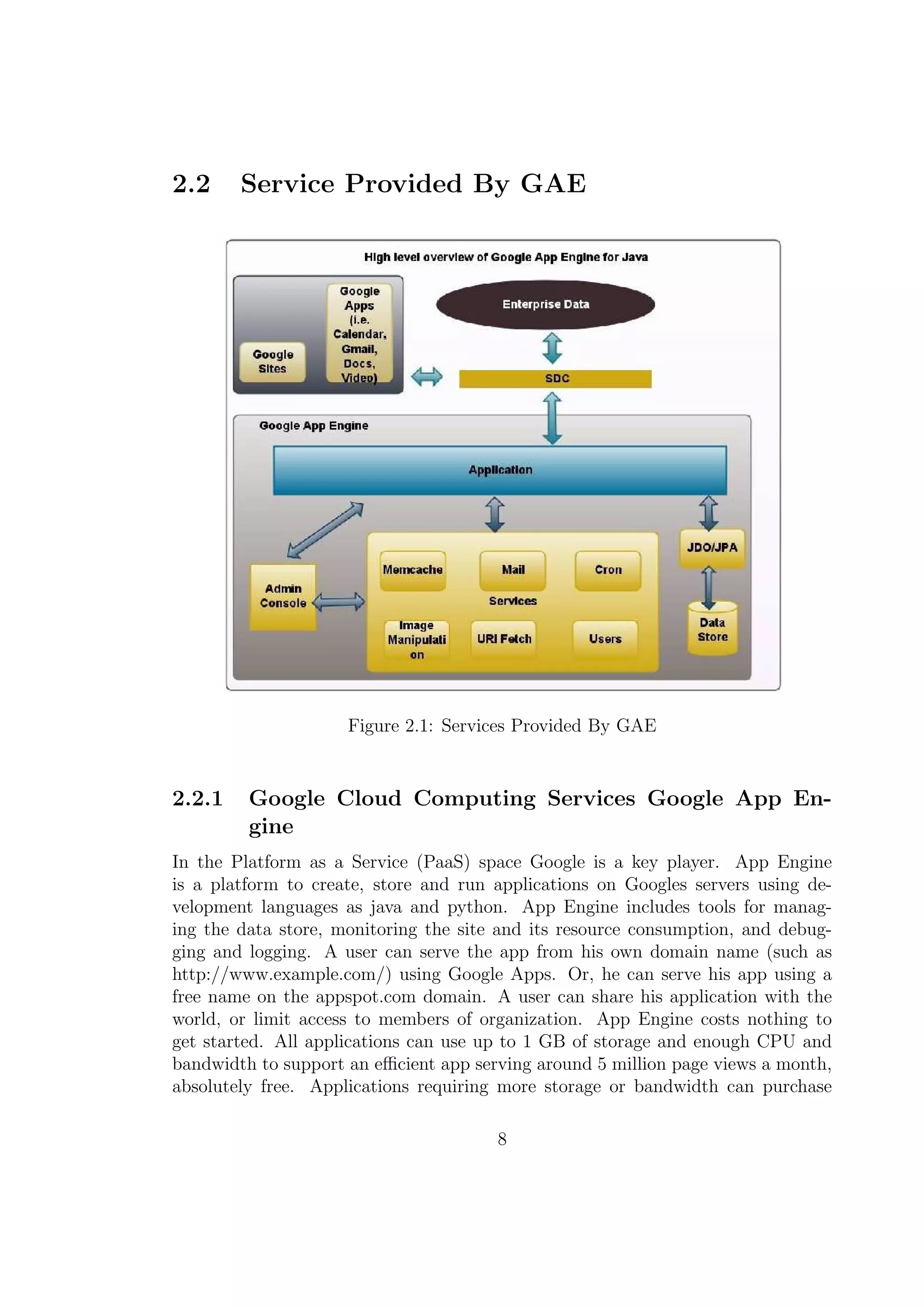 2.2 Service Provided By GAE
Figure 2.1: Services Provided By GAE
2.2.1 Google Cloud Computing Services Google App En-
gine
In the Platform as a Service (PaaS) space Google is a key player. App Engine
is a platform to create, store and run applications on Googles servers using de-
velopment languages as java and python. App Engine includes tools for manag-
ing the data store, monitoring the site and its resource consumption, and debug-
ging and logging. A user can serve the app from his own domain name (such as
http://www.example.com/) using Google Apps. Or, he can serve his app using a
free name on the appspot.com domain. A user can share his application with the
world, or limit access to members of organization. App Engine costs nothing to
get started. All applications can use up to 1 GB of storage and enough CPU and
bandwidth to support an eﬃcient app serving around 5 million page views a month,
absolutely free. Applications requiring more storage or bandwidth can purchase
8
 