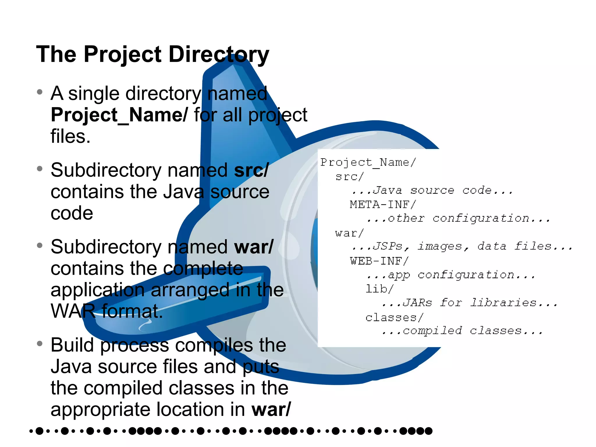 The Project Directory
• A single directory named
Project_Name/ for all project
files.
• Subdirectory named src/
contains the Java source
code
• Subdirectory named war/
contains the complete
application arranged in the
WAR format.
• Build process compiles the
Java source files and puts
the compiled classes in the
appropriate location in war/
 