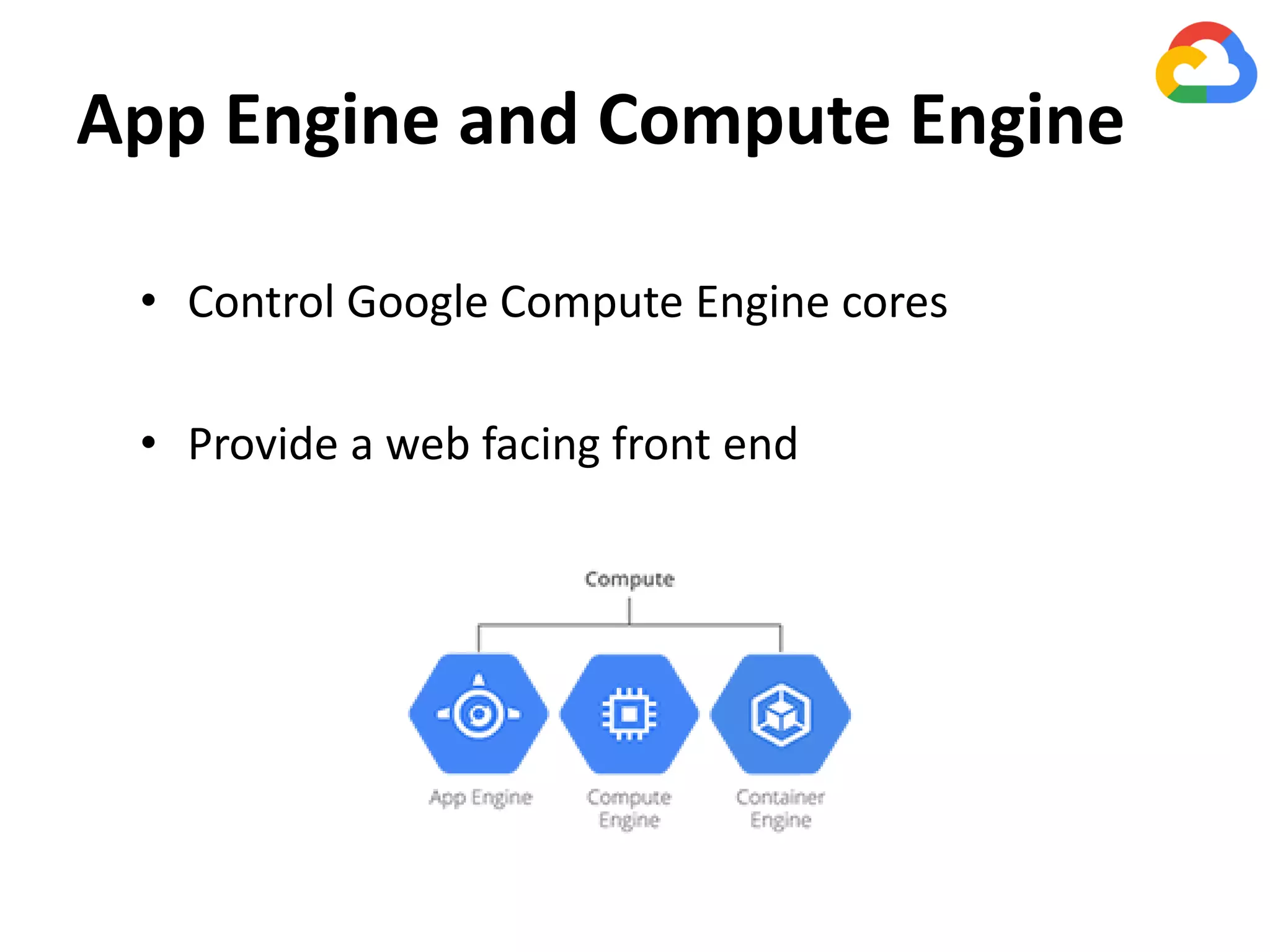 App Engine and Compute Engine
• Control Google Compute Engine cores
• Provide a web facing front end
 
