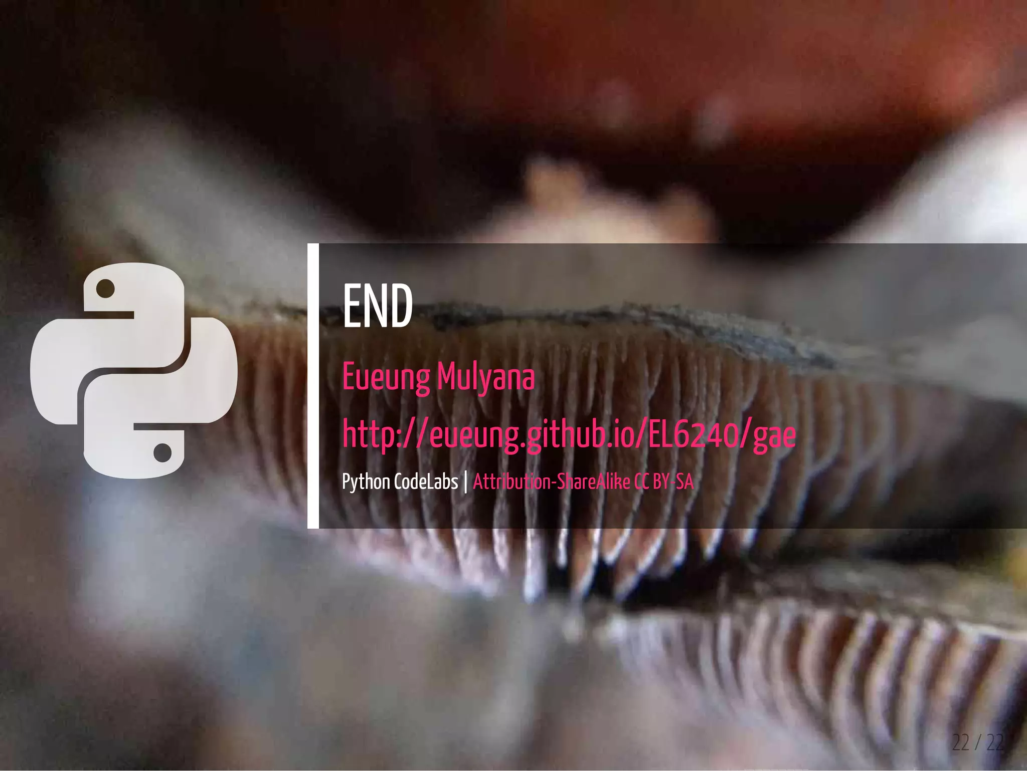 
END
Eueung Mulyana
http://eueung.github.io/EL6240/gae
Python CodeLabs | Attribution-ShareAlike CC BY-SA
22 / 22
 