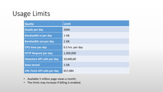 Usage Limits
Quota Limit
Emails per day 2000
Bandwidth in per day 1 GB
Bandwidth out per day 1 GB
CPU time per day 6.5 hrs. per day
HTTP Request per day 1,300,000
Datastore API calls per day 10,000,00
Data stored 1 GB
URL Fetch API calls per day 657,084
• Available 5 million page views a month.
• The limits may increase if billing is enabled.
 