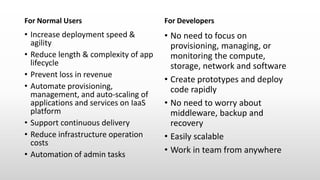 For Normal Users
• Increase deployment speed &
agility
• Reduce length & complexity of app
lifecycle
• Prevent loss in revenue
• Automate provisioning,
management, and auto-scaling of
applications and services on IaaS
platform
• Support continuous delivery
• Reduce infrastructure operation
costs
• Automation of admin tasks
For Developers
• No need to focus on
provisioning, managing, or
monitoring the compute,
storage, network and software
• Create prototypes and deploy
code rapidly
• No need to worry about
middleware, backup and
recovery
• Easily scalable
• Work in team from anywhere
 