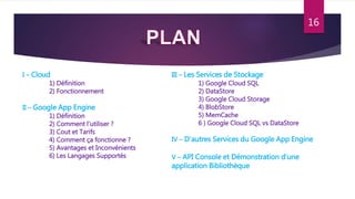 I – Cloud
1) Définition
2) Fonctionnement
II – Google App Engine
1) Définition
2) Comment l’utiliser ?
3) Cout et Tarifs
4) Comment ça fonctionne ?
5) Avantages et Inconvénients
6) Les Langages Supportés
III – Les Services de Stockage
1) Google Cloud SQL
2) DataStore
3) Google Cloud Storage
4) BlobStore
5) MemCache
6 ) Google Cloud SQL vs DataStore
IV – D’autres Services du Google App Engine
V – API Console et Démonstration d’une
application Bibliothèque
16
 