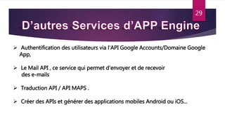 29
 Authentification des utilisateurs via l’API Google Accounts/Domaine Google
App,
 Le Mail API , ce service qui permet d'envoyer et de recevoir
des e-mails
 Traduction API / API MAPS .
 Créer des APIs et générer des applications mobiles Android ou iOS...
 