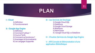 I – Cloud
1) Définition
2) Fonctionnement
II – Google App Engine
1) Définition
2) Comment l’utiliser ?
3) Cout et Tarifs
4) Comment ça fonctionne ?
5) Avantages et Inconvénients
6) Les Langages Supportés
III – Les Services de Stockage
1) Google Cloud SQL
2) DataStore
3) Google Cloud Storage
4) BlobStore
5) MemCache
6 ) Google Cloud SQL vs DataStore
IV – D’autres Services du Google App Engine
V – API Console et Démonstration d’une
application Bibliothèque
31
 