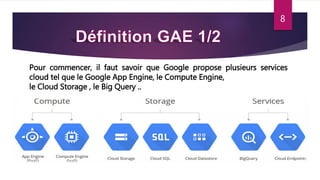 8
Pour commencer, il faut savoir que Google propose plusieurs services
cloud tel que le Google App Engine, le Compute Engine,
le Cloud Storage , le Big Query ..
 
