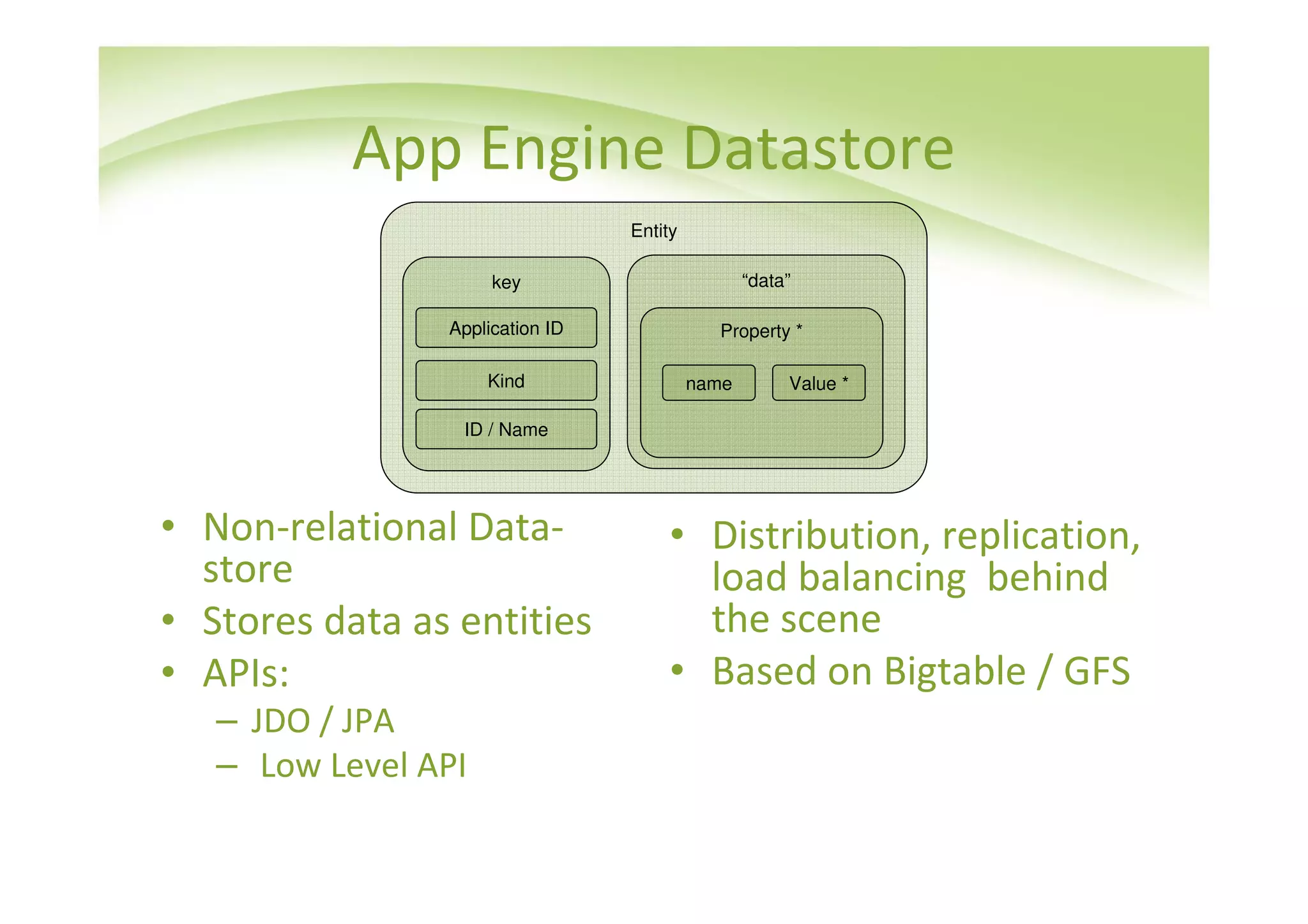 App Engine Datastore
                                 Entity

                     key                         “data”

                Application ID              Property *

                     Kind                 name        Value *

                 ID / Name




• Non-relational Data-               • Distribution, replication,
  store                                load balancing behind
• Stores data as entities              the scene
• APIs:                              • Based on Bigtable / GFS
   – JDO / JPA
   – Low Level API
 