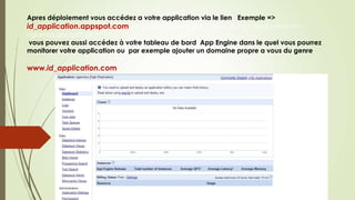 Apres déploiement vous accédez a votre application via le lien Exemple =>
id_application.appspot.com Apres déploiement vous accédez a l’application =>
ngiamus.appspot.com
vous pouvez aussi accédez à votre tableau de bord App Engine dans le quel vous pourrez
monitorer votre application ou par exemple ajouter un domaine propre a vous du genre
www.id_application.com
 