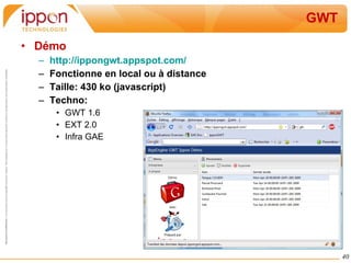 GWT Démo http://ippongwt.appspot.com/ Fonctionne en local ou à distance Taille: 430 ko (javascript) Techno: GWT 1.6 EXT 2.0 Infra GAE 