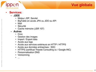 Vue globale Services: J2EE Moteur JSP, Servlet BigTable en accès JPA ou JDO ou API Mail Sécurité Cache mémoire (JSR 107) Autres Cron Gestion des images Import / Export data Accès aux logs Accès aux services extérieurs en HTTP / HTTPS Accès aux données entreprises : SDC HTTPS (certificat Thawte Consulting cc / Google INC) Personnalisation DNS Versionning ... 