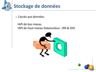 Stockage de données
 L’accès aux données:

 •API de bas niveau
 •API de haut niveau Datanucleus : JPA & JDO




                                               21
 