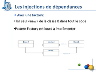 Les injections de dépendances
  Avec une factory:
• Un seul «new» de la classe B dans tout le code

•Pattern Factory est lourd à implémenter




                                                   32
 