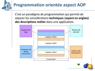 Programmation orientée aspect AOP
C’est un paradigme de programmation qui permet de
séparer les considérations techniques (aspect en anglais)
des descriptions métier dans une application.




                                                        41
 
