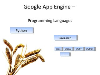 Google App Engine –  Programming Languages Python   Java-isch Scala Groovy JRuby JPython … 