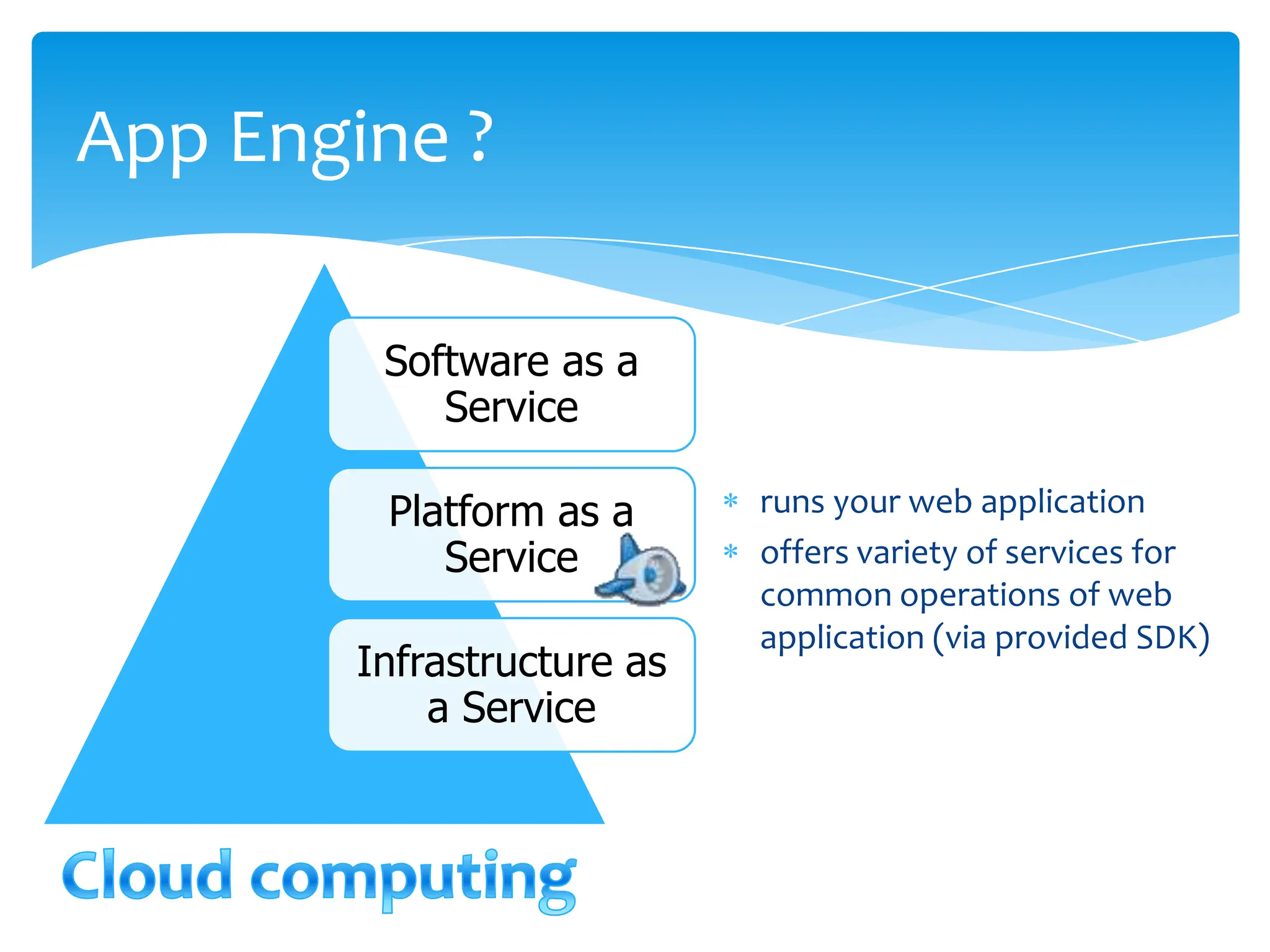 runs your web applicationoffers variety of services for common operations of web application (via provided SDK)App Engine ?Cloud computing