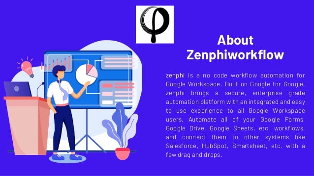 zenphi is a no code workflow automation for
Google Workspace. Built on Google for Google,
zenphi brings a secure, enterprise grade
automation platform with an integrated and easy
to use experience to all Google Workspace
users. Automate all of your Google Forms,
Google Drive, Google Sheets, etc. workflows,
and connect them to other systems like
Salesforce, HubSpot, Smartsheet, etc. with a
few drag and drops.
About
Zenphiworkflow