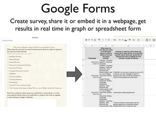Google Forms
Create survey, share it or embed it in a webpage, get
 results in real time in graph or spreadsheet form
 