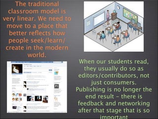 The traditional
  classroom model is
very linear. We need to
 move to a place that
  better reﬂects how
  people seek/learn/
 create in the modern
         world.
                            When our students read,
                             they usually do so as
                           editors/contributors, not
                                just consumers.
                          Publishing is no longer the
                              end result - there is
                           feedback and networking
                           after that stage that is so
 