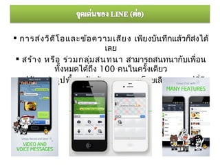  การส่ง วิด ีโ อและข้อ ความเสีย ง เพียงบันทึกแล้วก็สงได้
                                                     ่
                             เลย
  สร้า ง หรือ ร่ว มกลุม สนทนา สามารถสนทนากับเพื่อน
                       ่
            ทั้งหมดได้ถึง 100 คนในครั้งเดียว
  ปรับ แต่ง รูป พืน หลัง ห้อ งสนทนา โดยเลือกจากรูปที่มี
                   ้
                  ให้หรือใช้รูปของคุณเอง
 