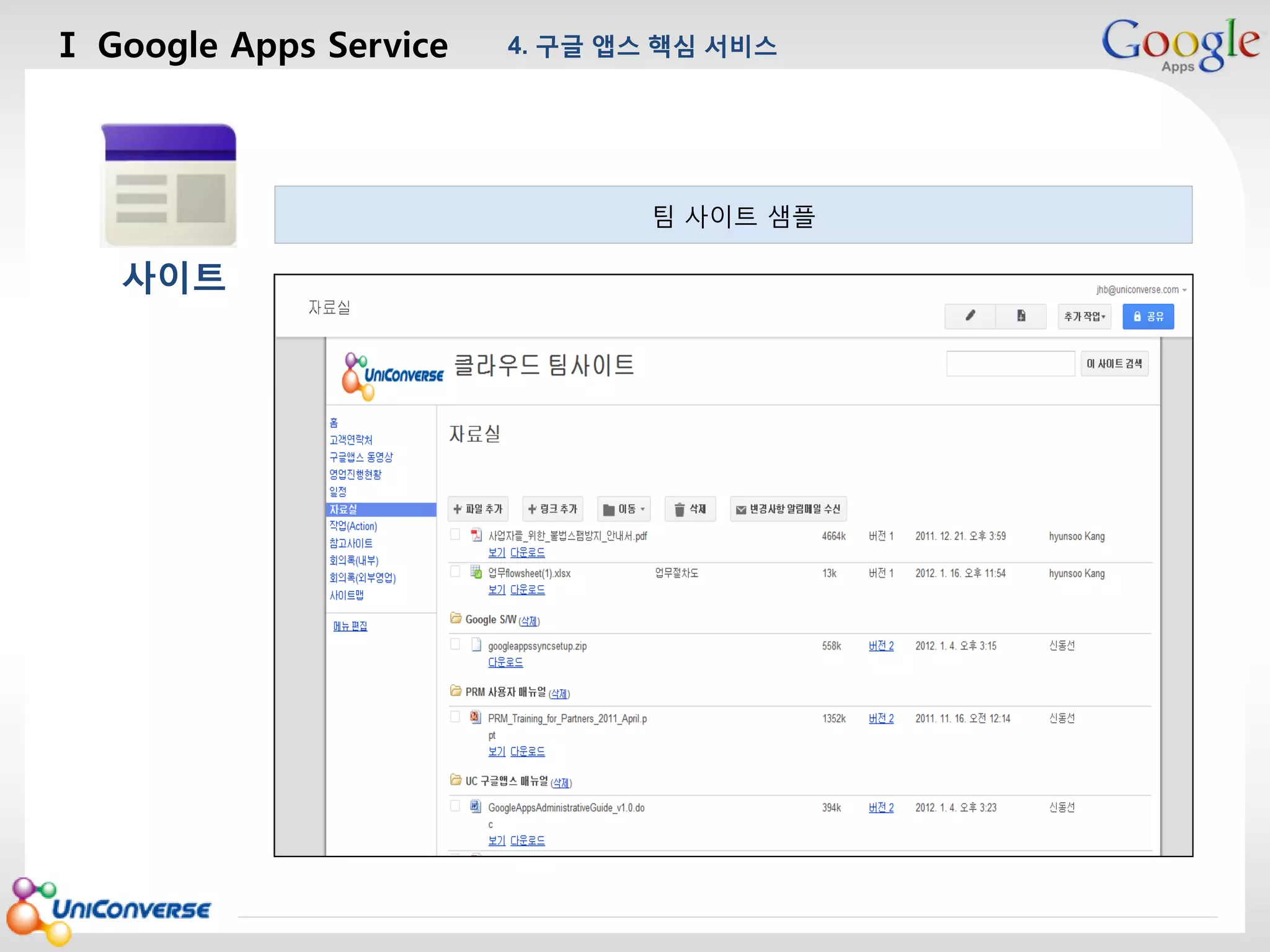 Ⅰ Google Apps Service

4. 구글 앱스 핵심 서비스

마스터 제목 스타일 편집
팀 사이트 샘플

사이트

2013-08-01

20

 
